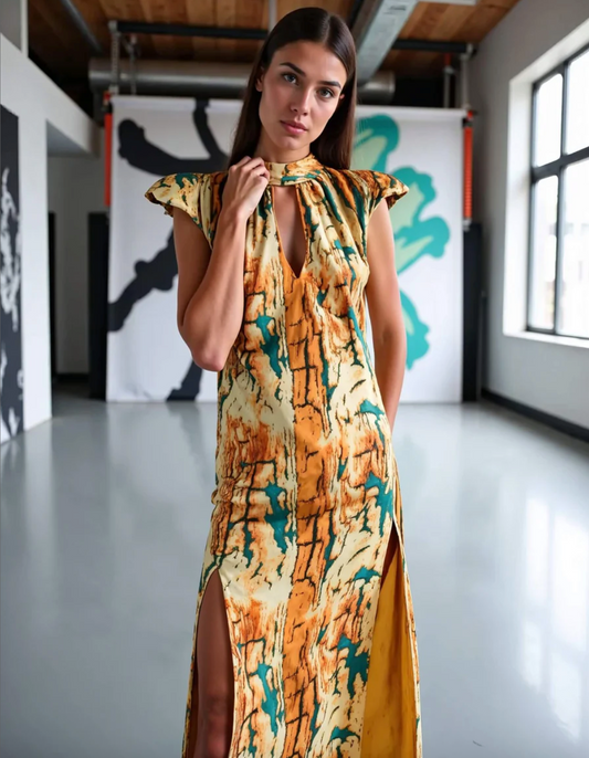 Vestido formal elegante con hombreras amarillo, naranja y verde para alquilar en Barcelona.