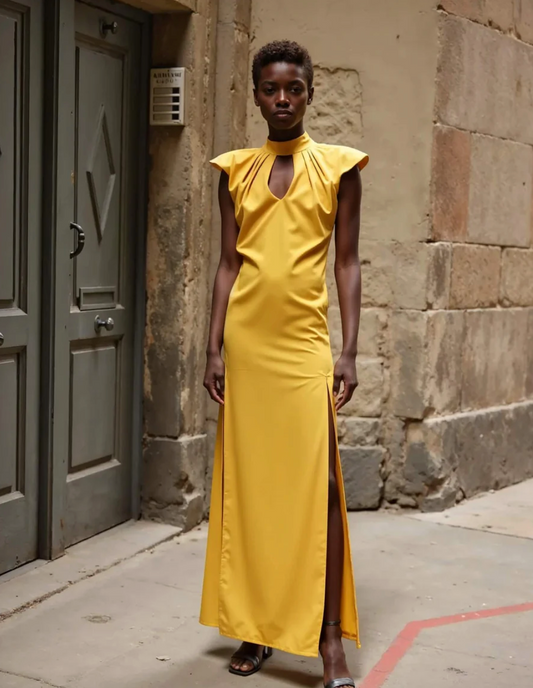 Vestido espectacular elegante y formal de color amarillo con hombreras. Ideal para invitadas de bodas o fiestas.