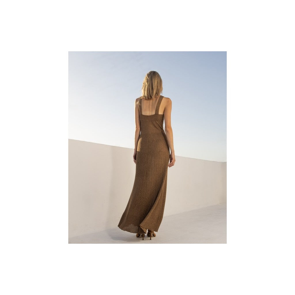 Vestido de lurex marron bronce tirantes para boda invitada alquiler en españa