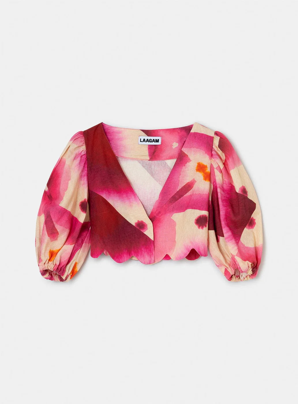 Crop top con manga abullonada y estampado rosa alquiler Madrid