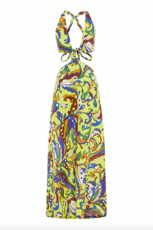 Vestido cut out estampado marca Alemais amarillo verde rojo azul