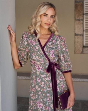 Vestido de manga corta o manga larga con estampado floral romantico ideal para inviyadas de bodas, eventos o fiestas, comuniones y bautizos.