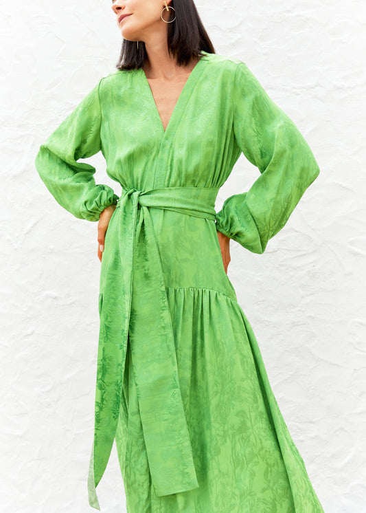 Maxi Vestido verde con cinturon para alquilar en Barcelona para bodas y fiestas