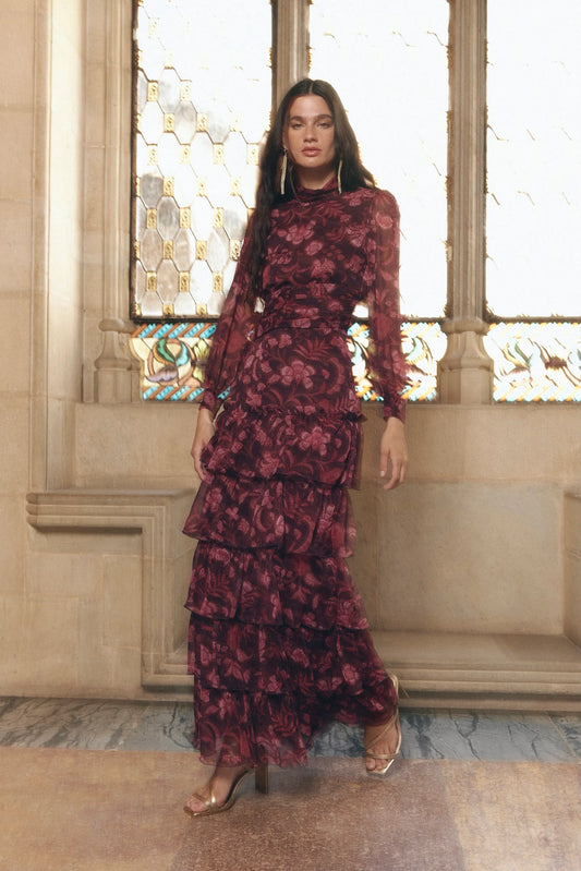 Set blusa manga larga y falda con volantes de la marca Baymo. Estampado ideal para invitadas de boda, fiestas y comuniones o bautizos.