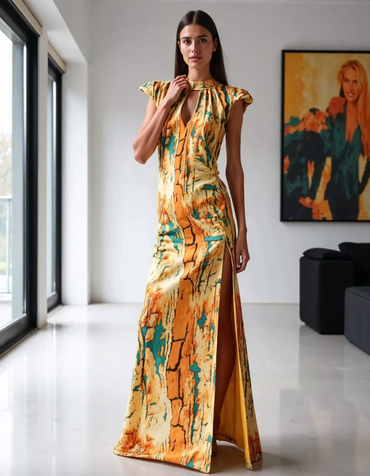 Vestido largo con aberturas de color amarillo, naranja y verde. Elegante y espectacular para fiestas y eventos. 