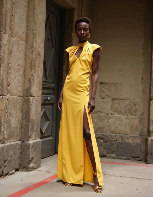 Vestido amarillo formal elegante para bodas, fiestas o celebraciones de otoño invierno. Alquiler en Barcelona.