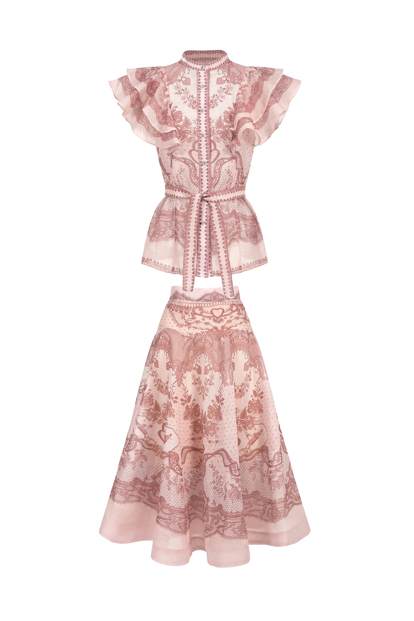 Falda y top de Zimmermann estampado rosado. Volantes en los hombros.