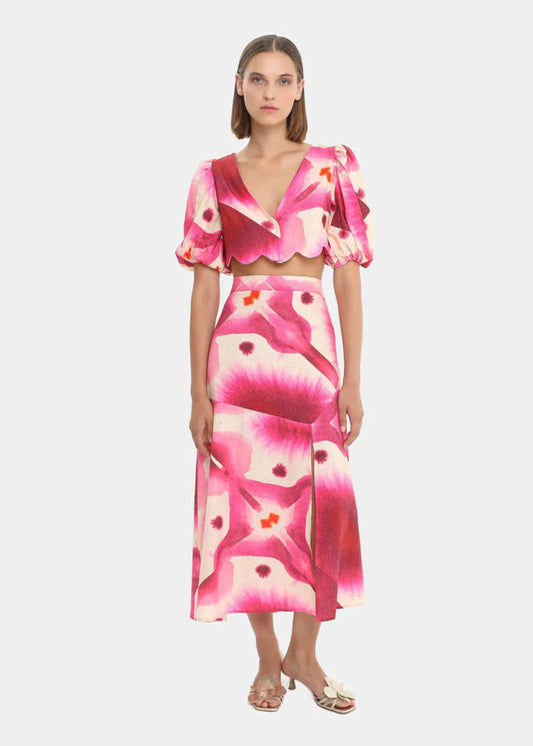 Conjunto manga abullonada y falda estampada para alquilar para boda