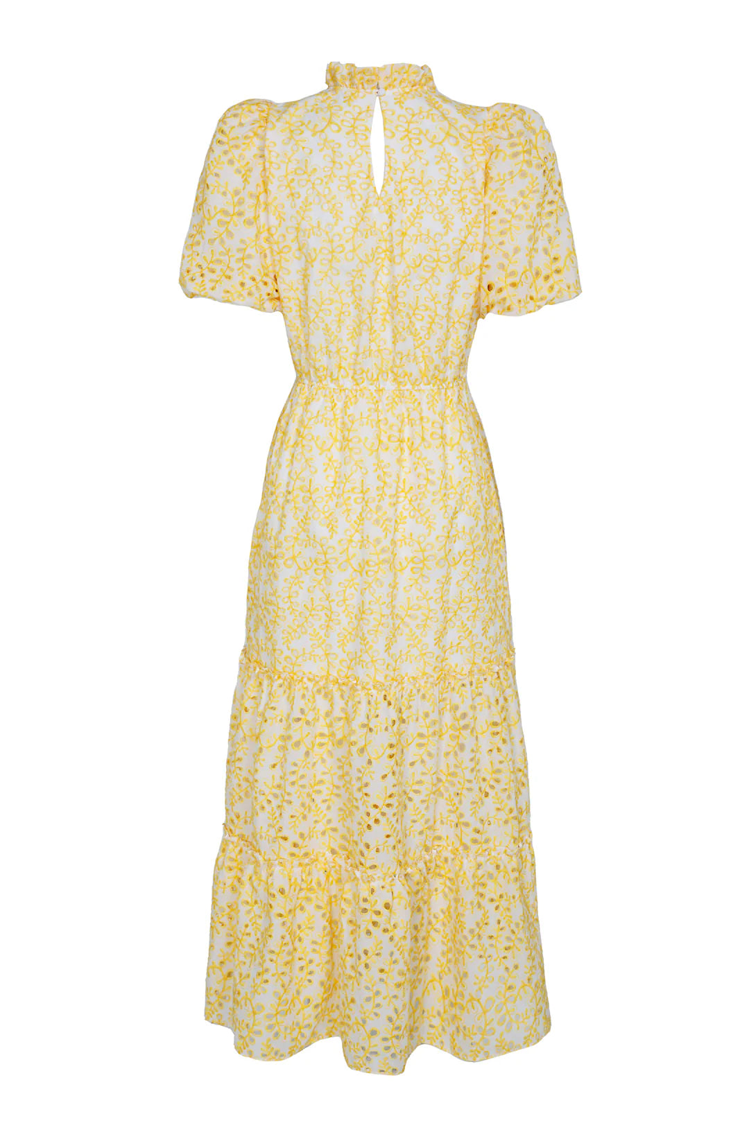 Vestido marca Mimoki bordado amarillo. Femenino y romántico con estilo español. Manga corta y abullonada y falda con volantes. Disponible en alquiler para bodas, fiestas, eventos, bautizos.