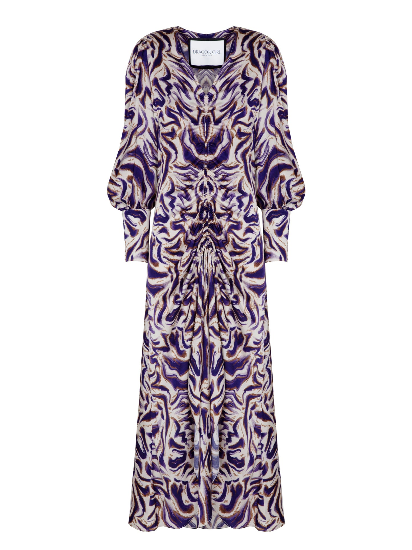 Vestido elegante y sobrio estampado de la marca Dragon Girl. Manga abullonada y fruncido que se ajusta y realza la silueta. Perfecto para boda, fiesta o evento.
Disponible para alquiler en Barcelona.
