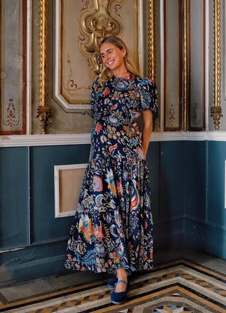 Vestido azul marino con estampado. Manga abullonada, espalda abierta para tallas grandes y pequeñas. De la marca Philippa 1970. Boda de invierno, verano, primavera u otoño.