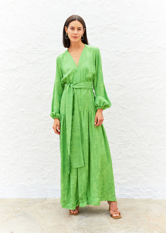 Maxi vestido verde con manga abullonada para alquilar para fiestas bodas invitadas