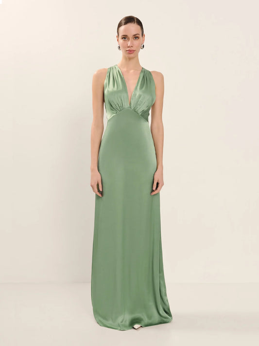 Vestido largo sin mangas verde turquesa, de raso de seda. Elegante y femenino. Ideal para bodas, eventos, ceremonias, galas y graduaciones en Barcelona.